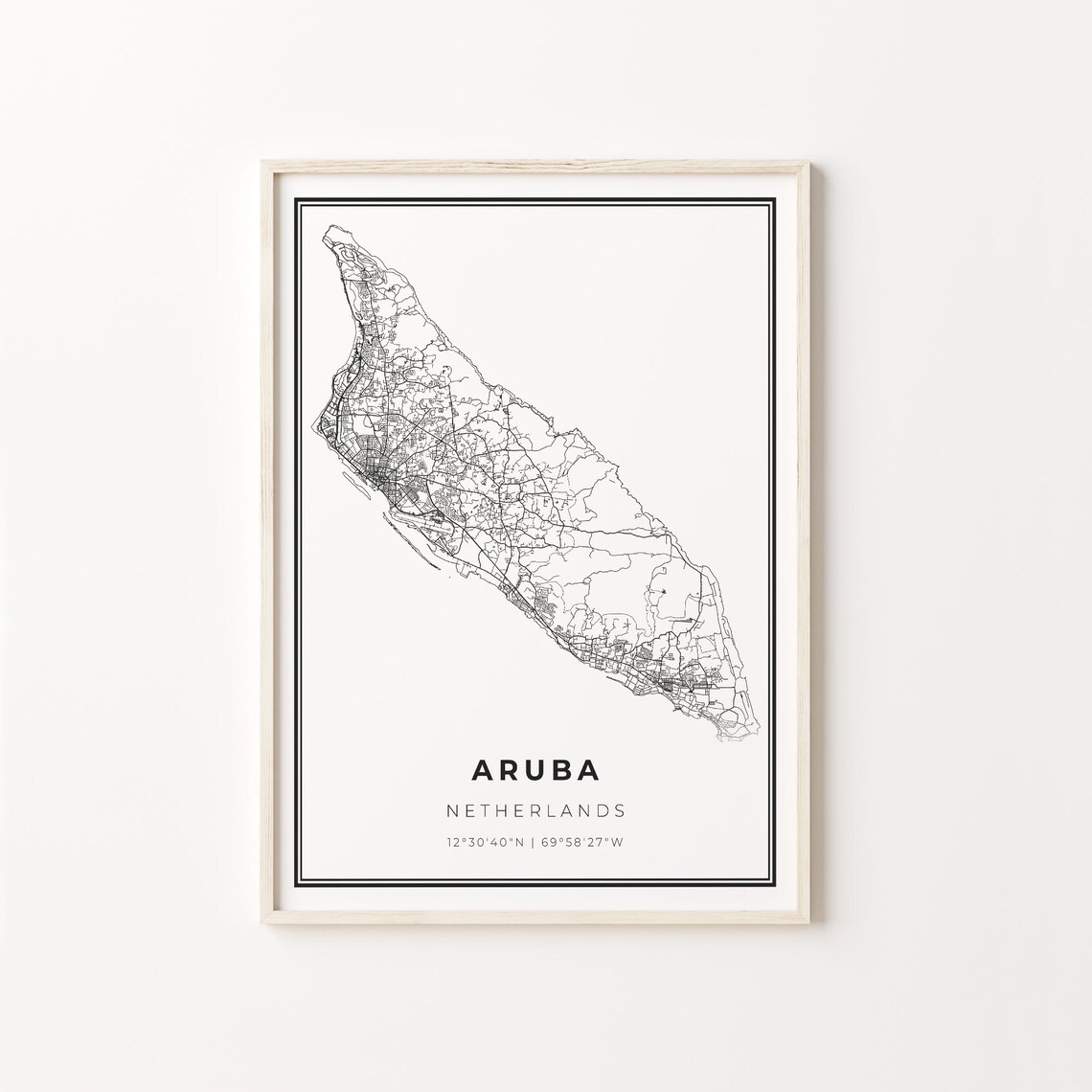 Aruba City Map Art Poster, Modern Black and White