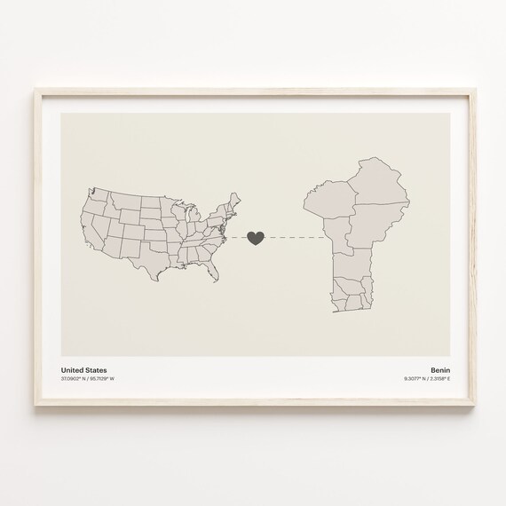 United States to Benin Minimalist Heart Map Connection Poster