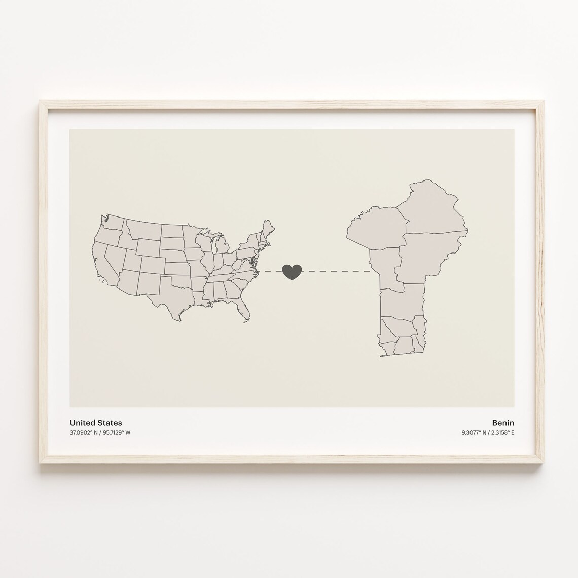 United States to Benin Minimalist Heart Map Connection Poster