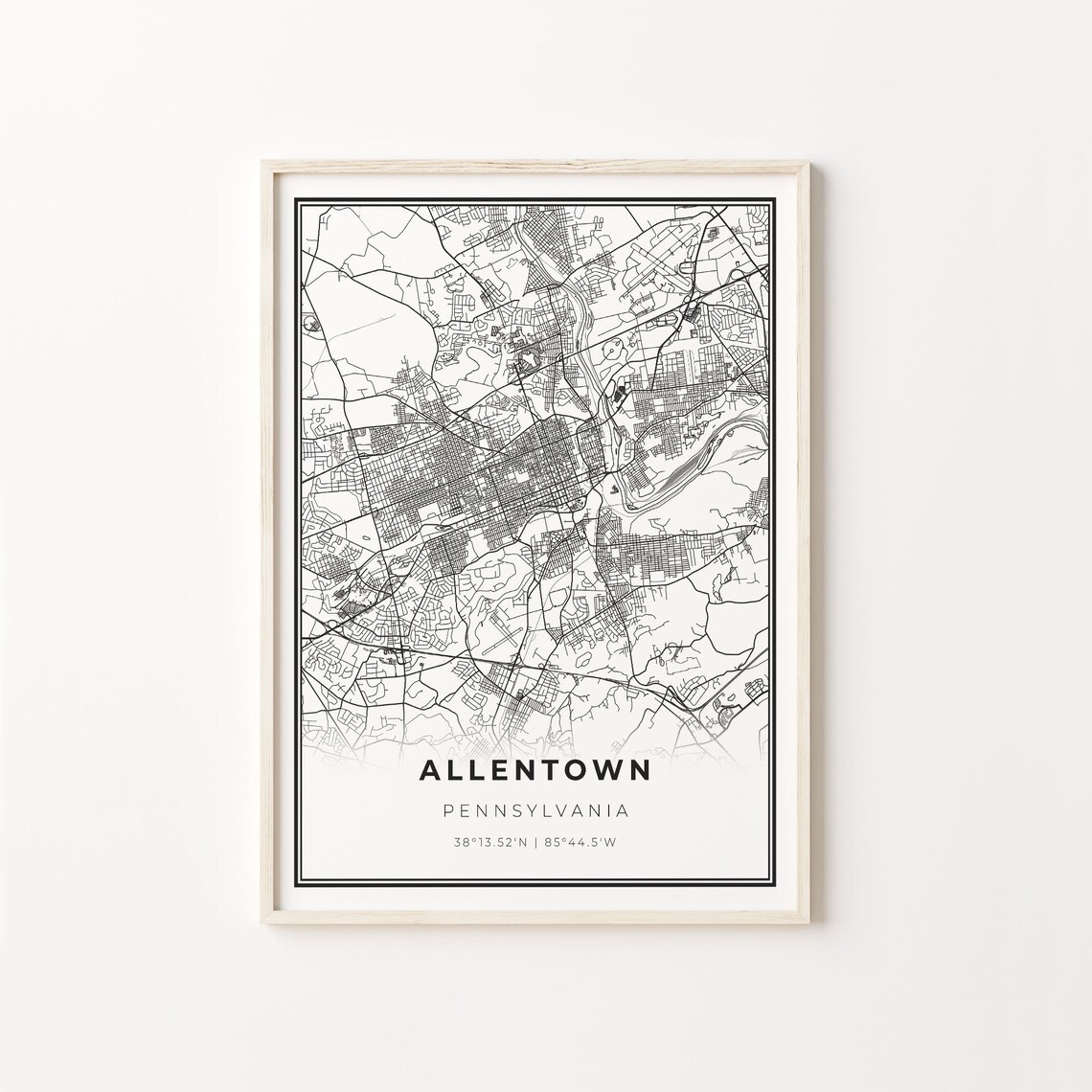 Allentown Pennsylvania Black And White City Street Map Poster