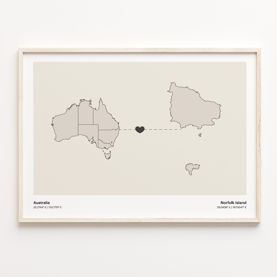 Australia to Norfolk Island Minimalist Long Distance Connection Map Poster