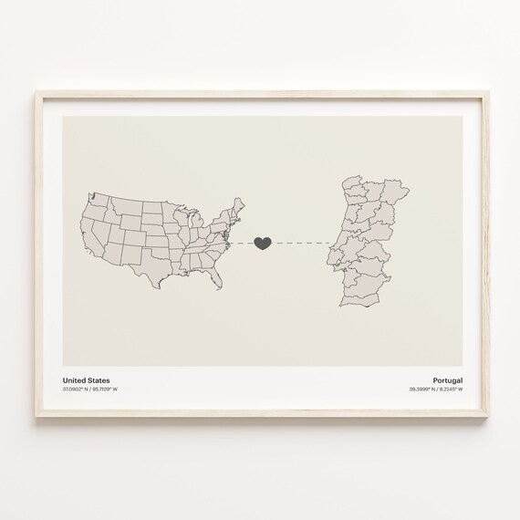 United States To Portugal Long Distance Heart Connection Map Poster