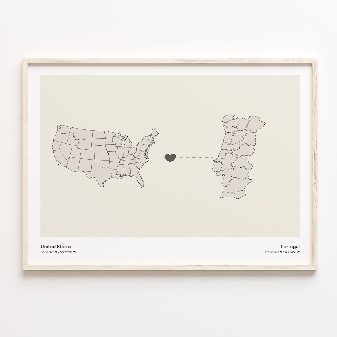 United States To Portugal Long Distance Heart Connection Map Poster