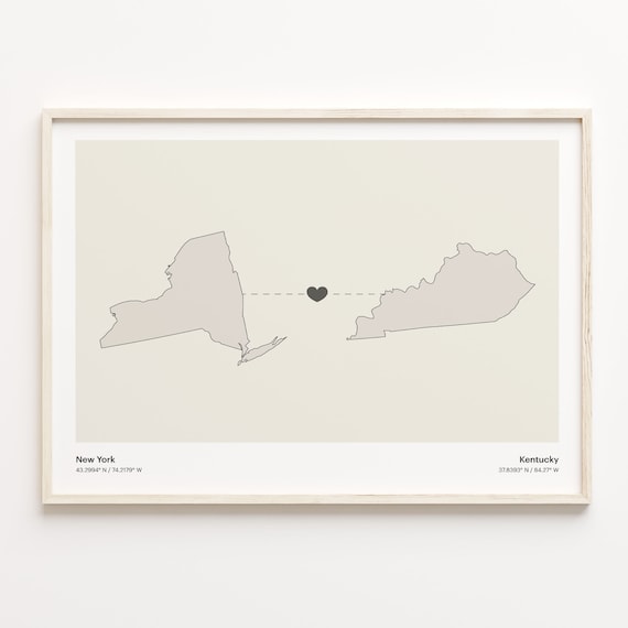 New York and Kentucky Couple Long Distance Love Heart Map Poster