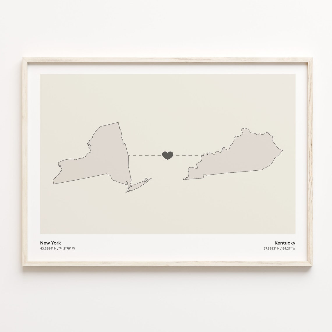 New York and Kentucky Couple Long Distance Love Heart Map Poster