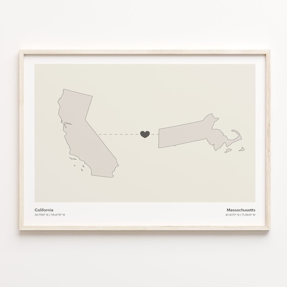 California to Massachusetts Heart Connection Map Minimalist Poster