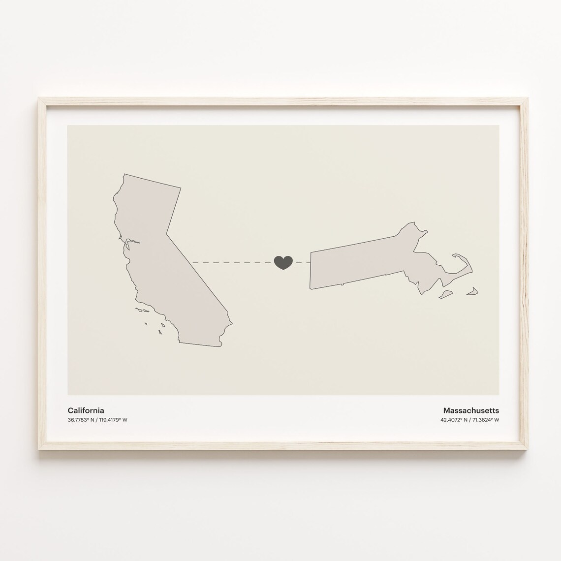 California to Massachusetts Heart Connection Map Minimalist Poster