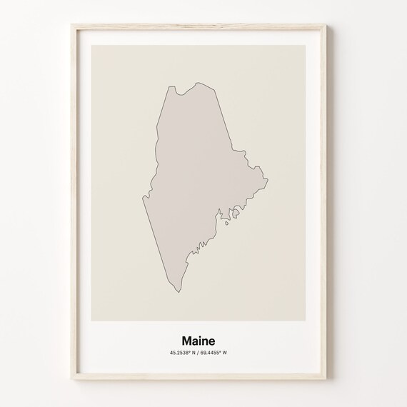 Maine Minimalist State Map Line Art Coordinates Beige Poster