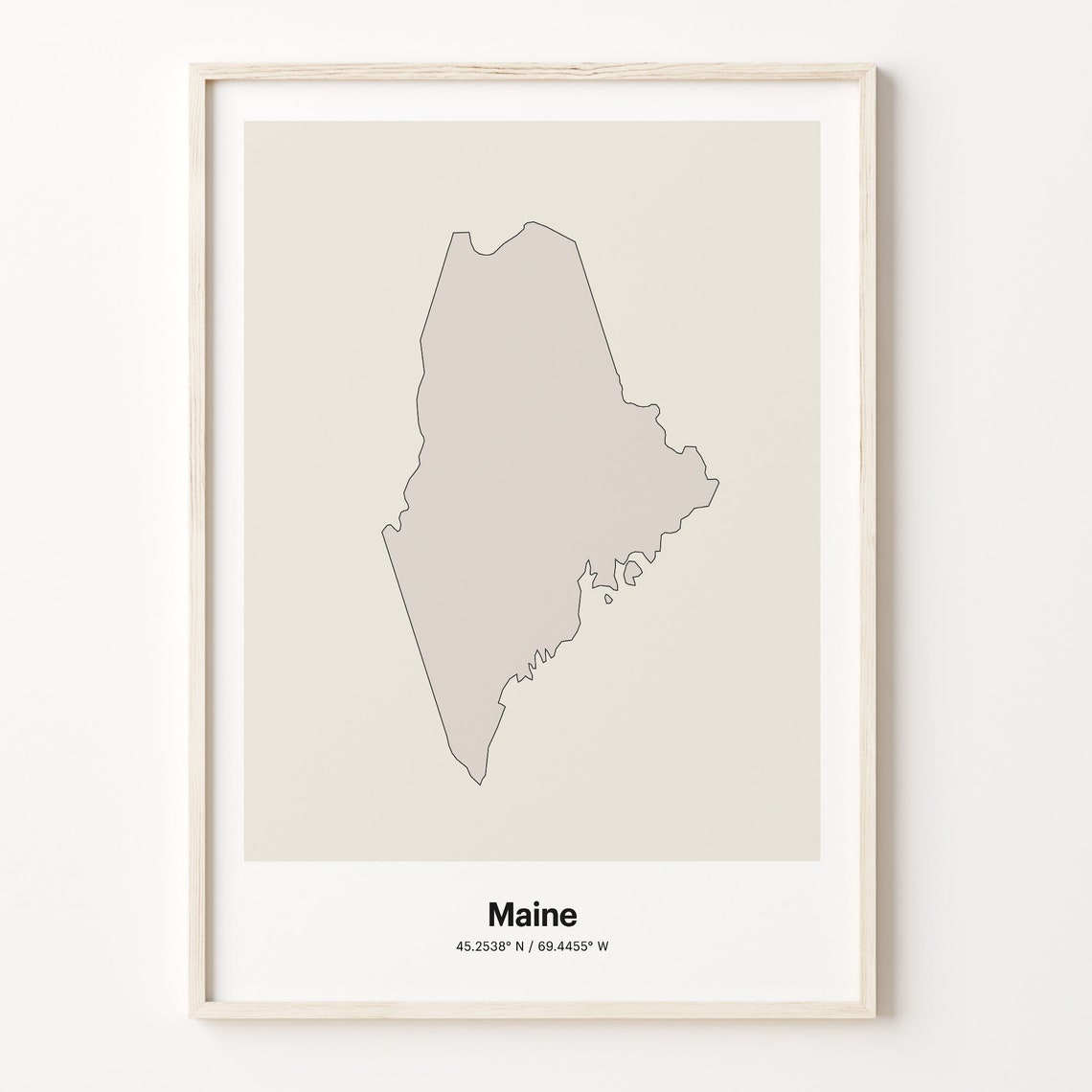 Maine Minimalist State Map Line Art Coordinates Beige Poster