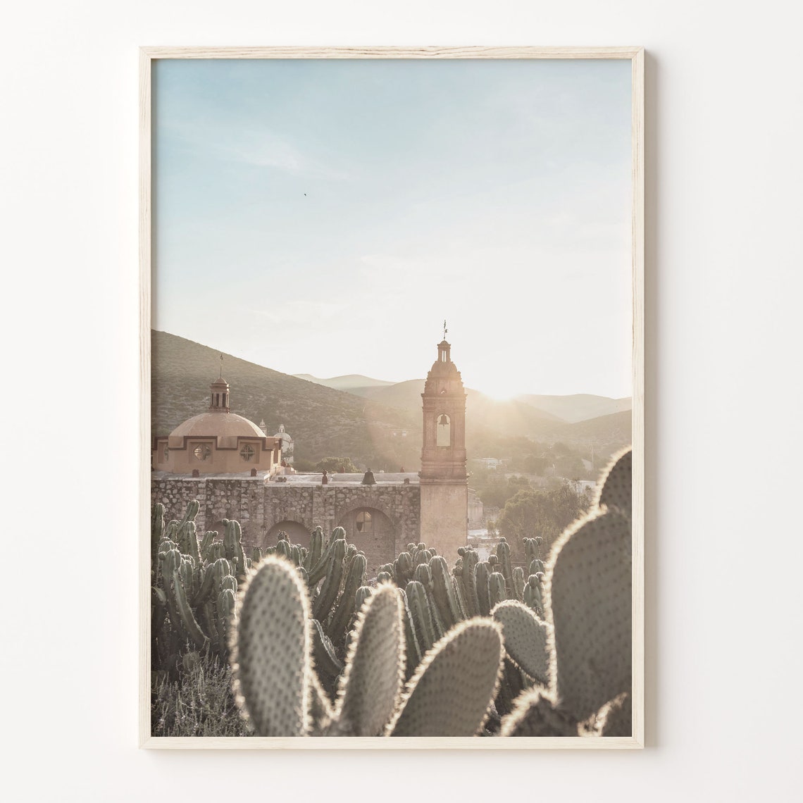 Mexico Colonial Church Bell Tower Cactus Sunrise Desert Poster