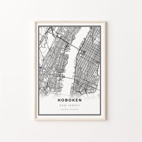 Hoboken New Jersey Modern Minimalist Black and White City Map Poster