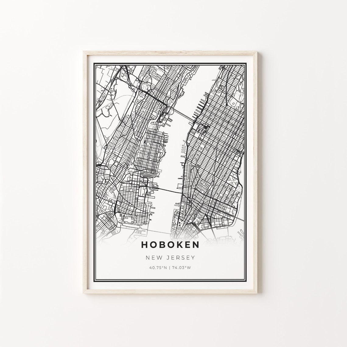 Hoboken New Jersey Modern Minimalist Black and White City Map Poster