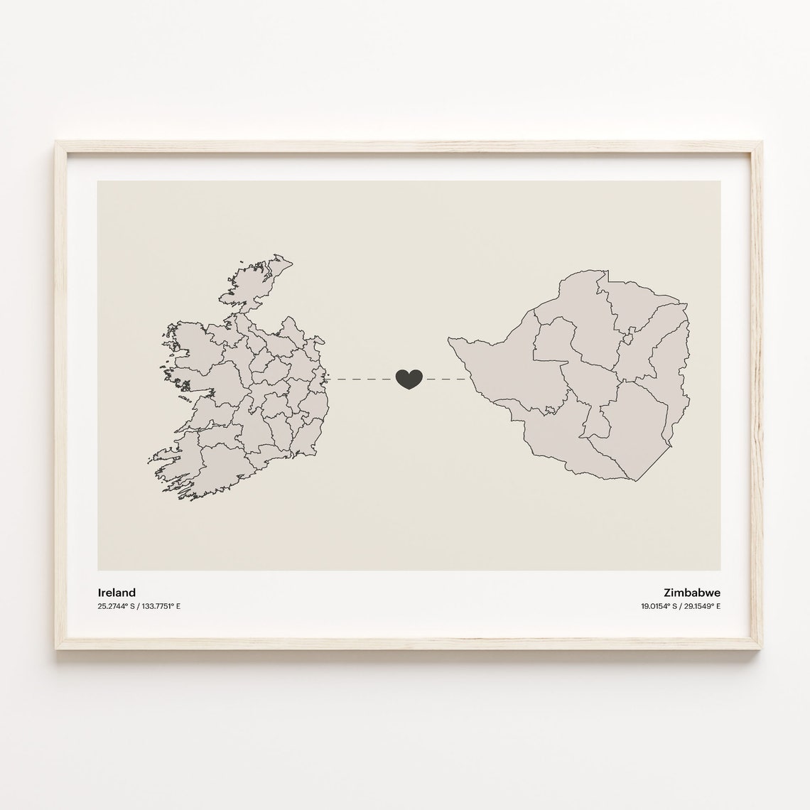 Ireland to Zimbabwe Heart Map Long Distance Love Art Gift Poster