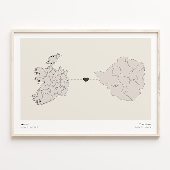 Ireland to Zimbabwe Heart Map Long Distance Love Art Gift Poster