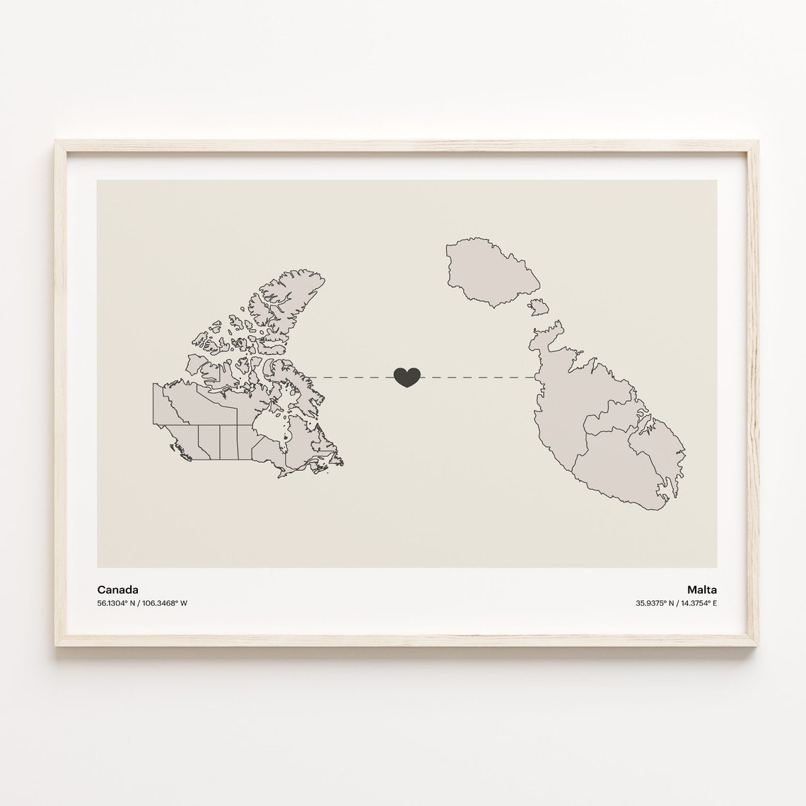 Canada To Malta Soft Beige Heart Connection Minimalist Map Poster