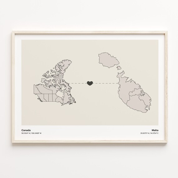 Canada To Malta Soft Beige Heart Connection Minimalist Map Poster