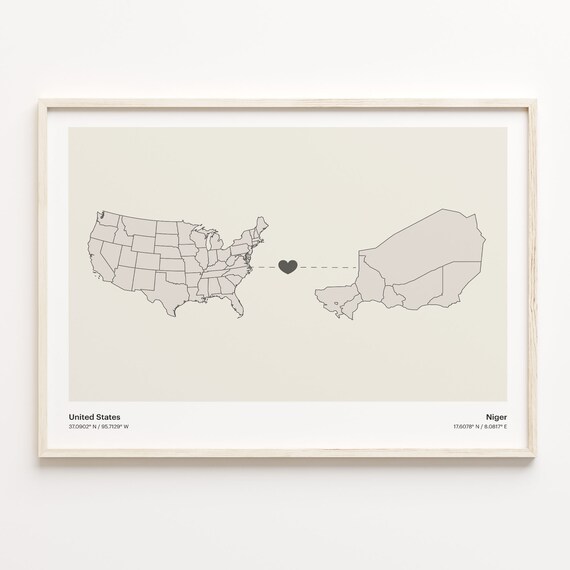 United States To Niger Minimalist Heart Map Connection Gift Poster