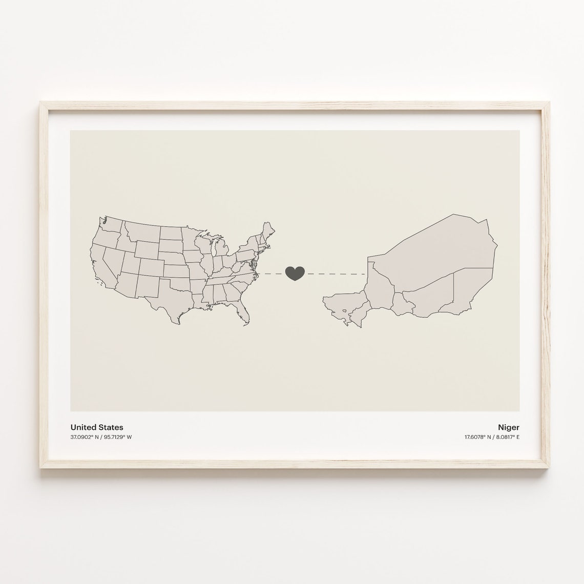United States To Niger Minimalist Heart Map Connection Gift Poster