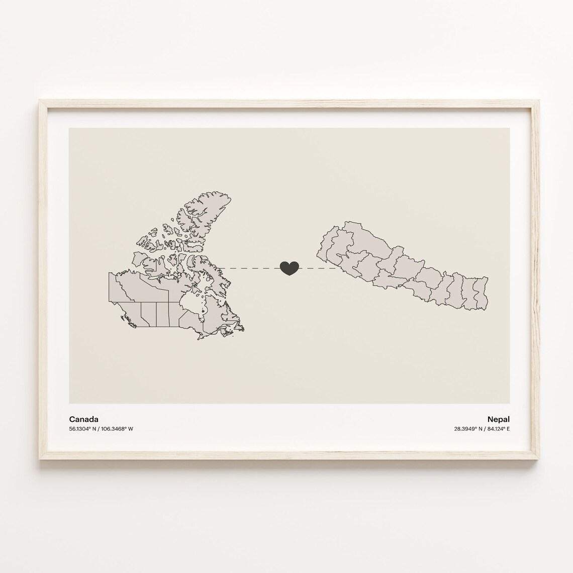 Canada To Nepal Minimalist Love Connection Map Travel Poster