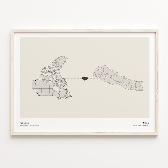 Canada To Nepal Minimalist Love Connection Map Travel Poster