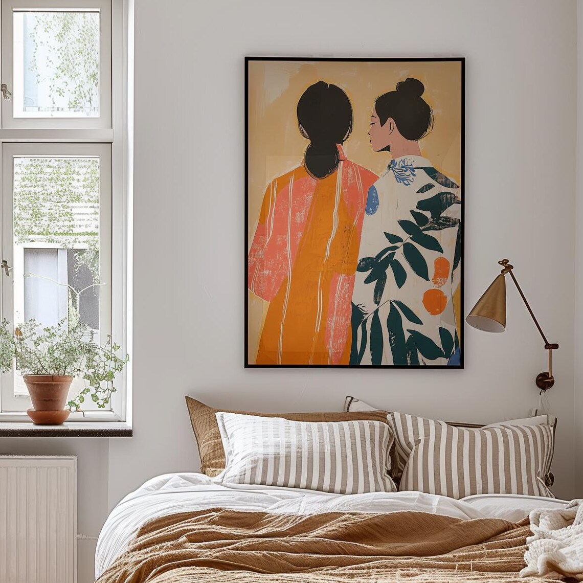 Two Women in Patterned Dresses Abstract Friendship Art Poster