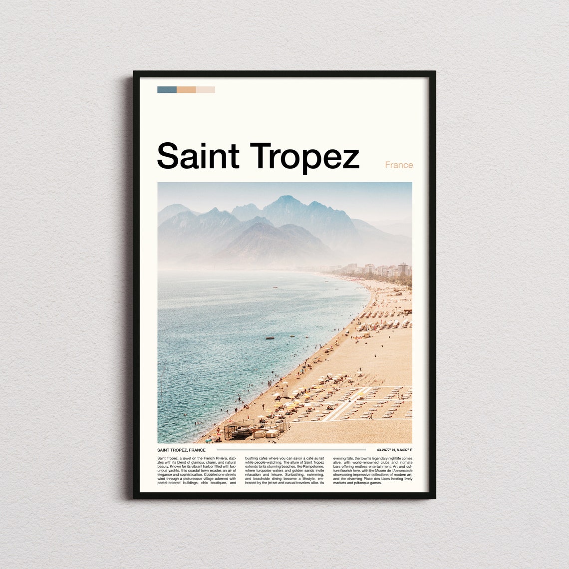 Saint Tropez France Beach Coastline Mountain View Travel Poster