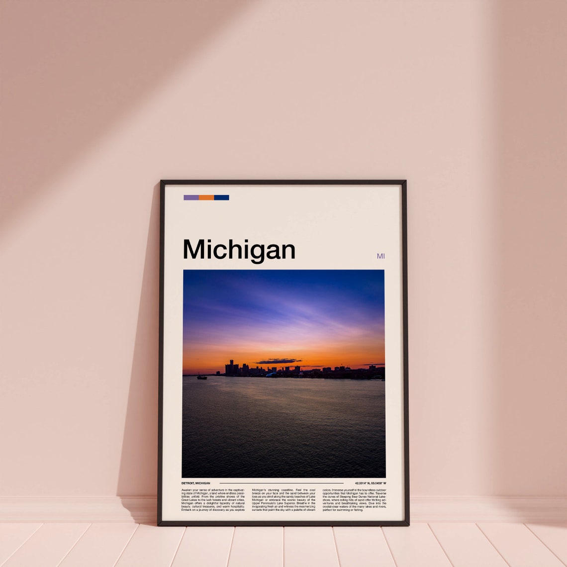 Michigan Detroit Skyline Sunset River Waterfront View Poster - Image 3