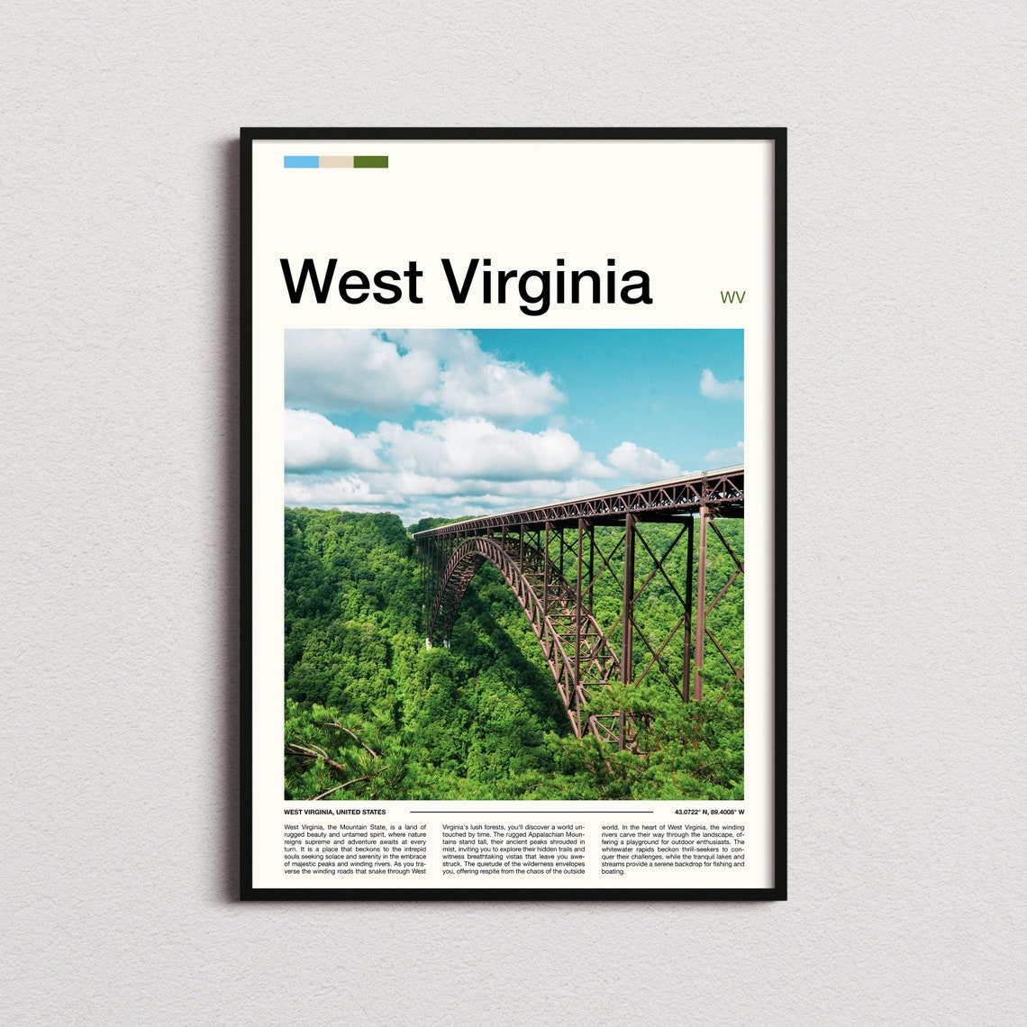 West Virginia Steel Arch Bridge Green Forest Gorge Travel Poster