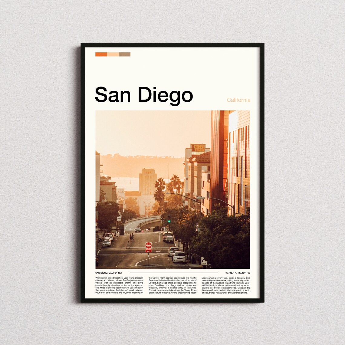 San Diego California City Street Golden Hour Travel Photo Poster