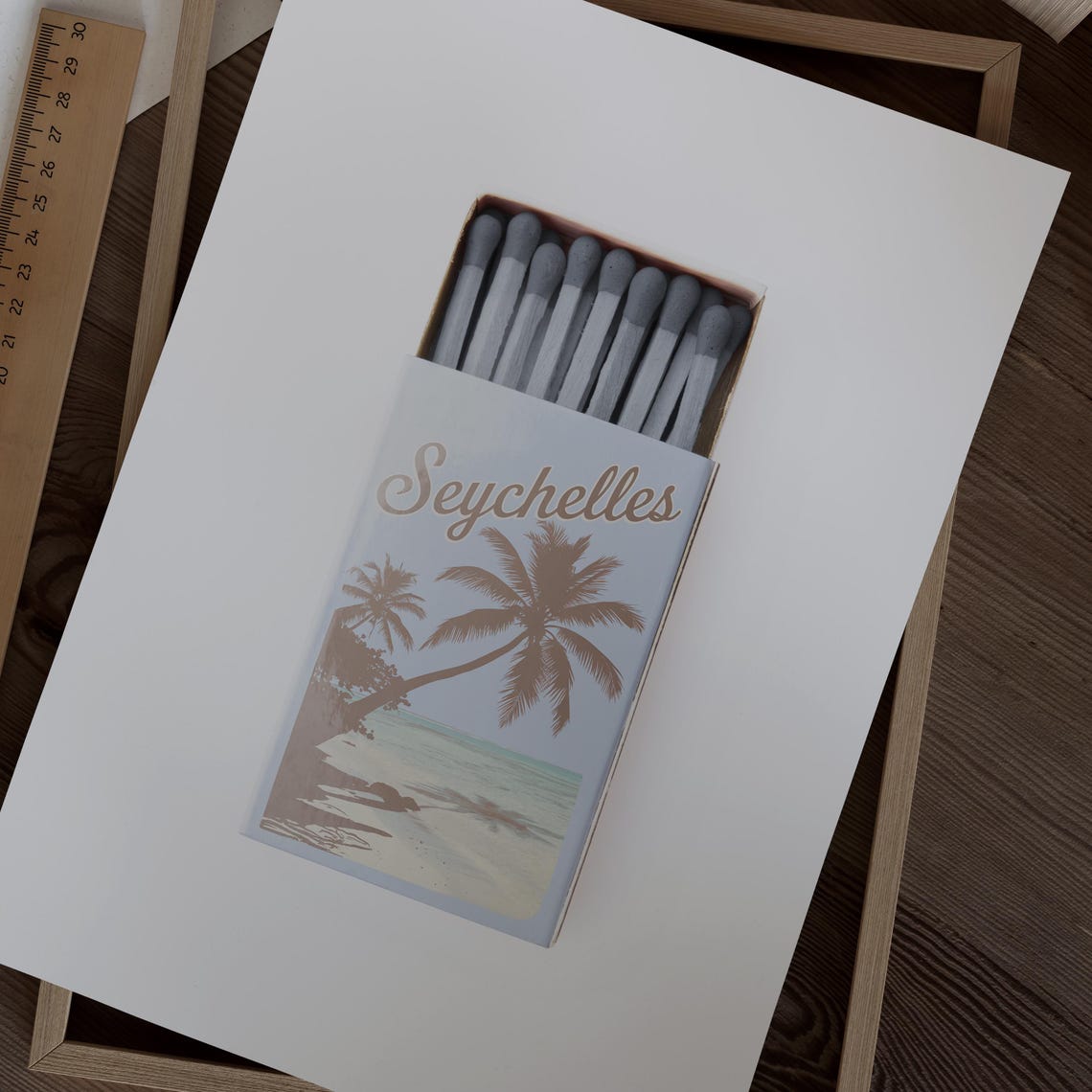 Seychelles Beach Matchbox Style Art with Palm Tree Silhouette Poster - Image 2