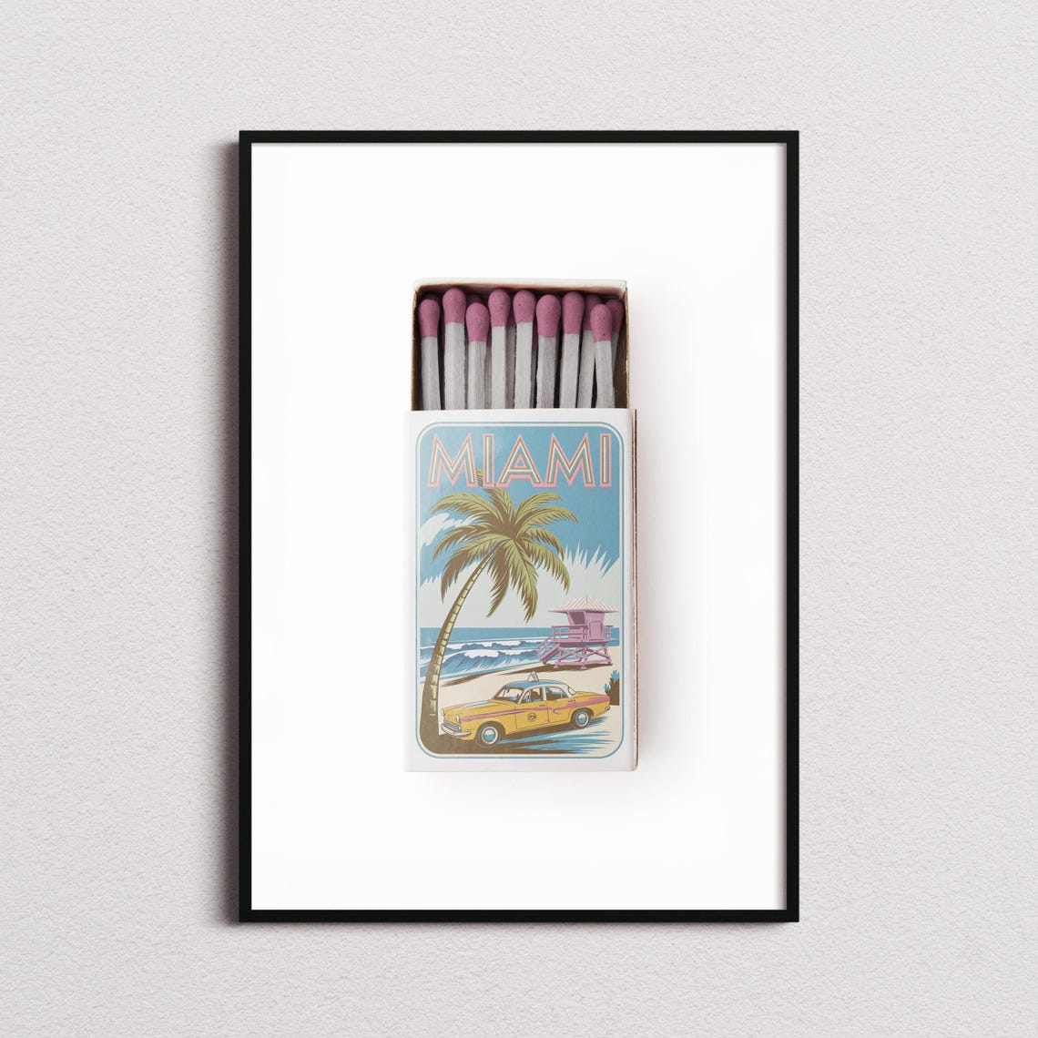 Miami Beach Palm Tree Lifeguard Tower Retro Matchbox Art Poster