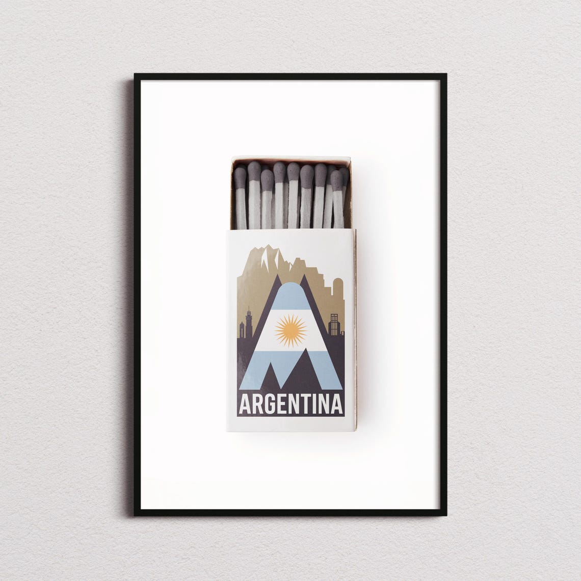 Argentina Flag Matchbox Style Art with Sun Emblem and Mountains Poster