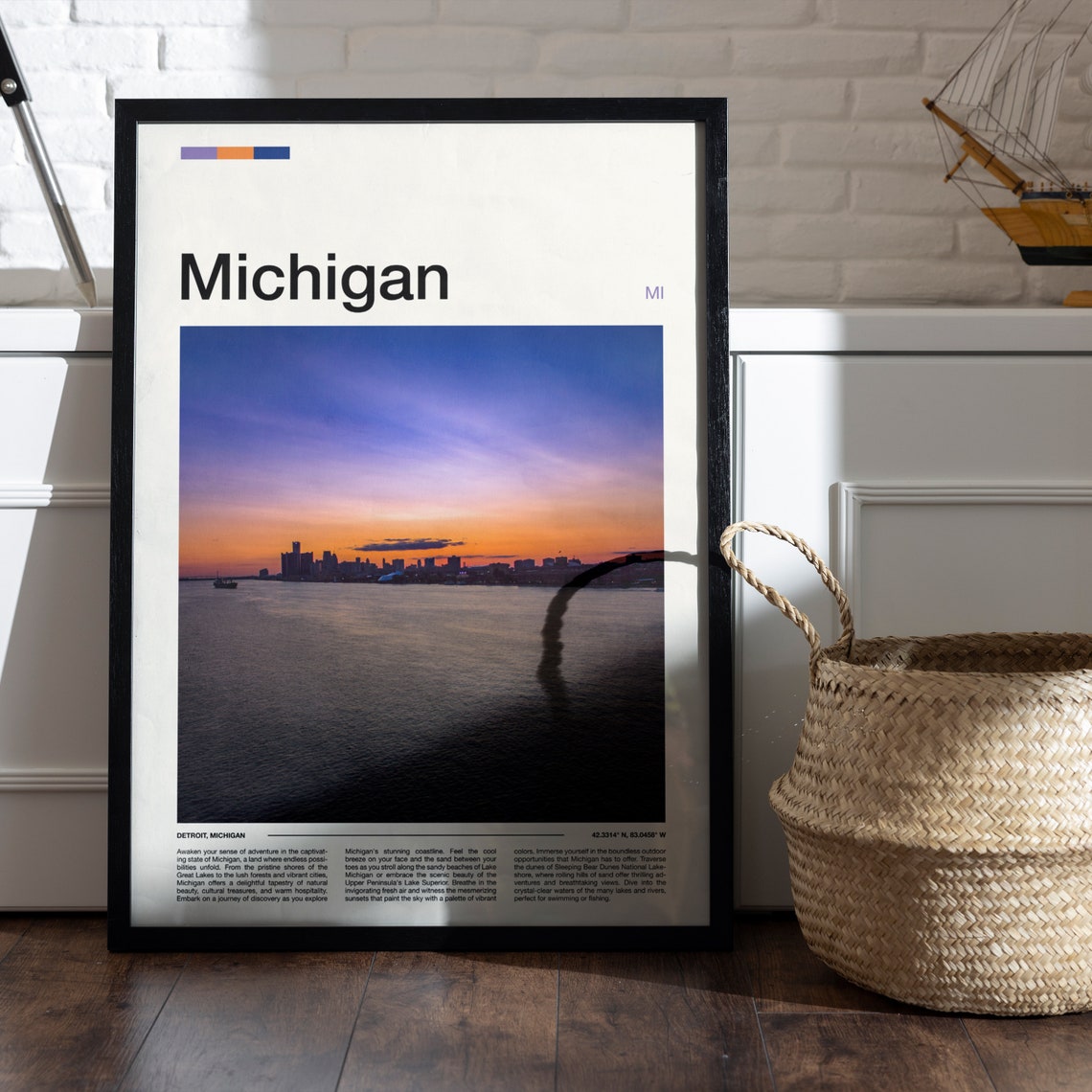 Michigan Detroit Skyline Sunset River Waterfront View Poster - Image 4