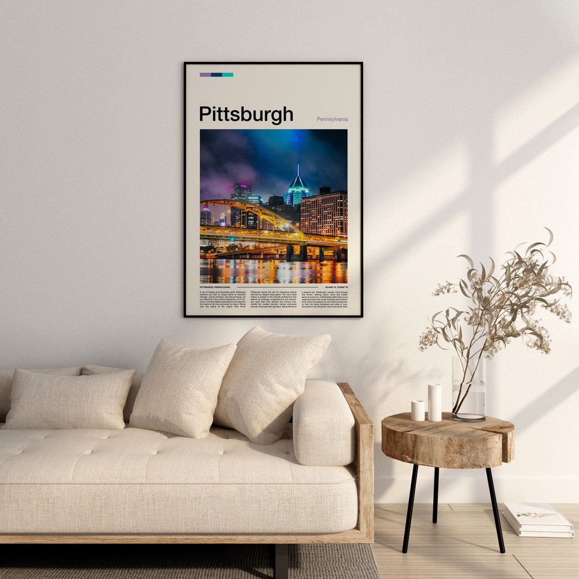 Pittsburgh Pennsylvania Night Skyline Illuminated Bridge Poster - Image 3