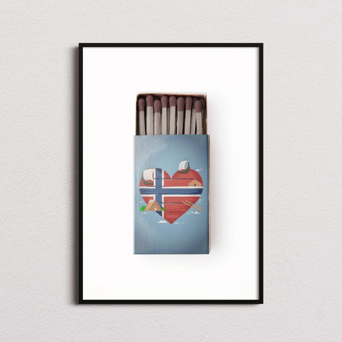 Norway Vintage Matchbox Heart Flag Viking Ship Travel Poster