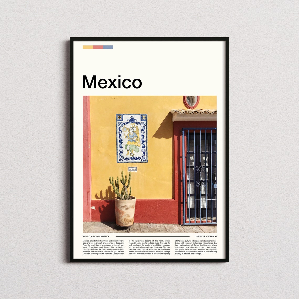 Mexico Colorful Wall Tile Cactus Blue Door Colonial Style Poster