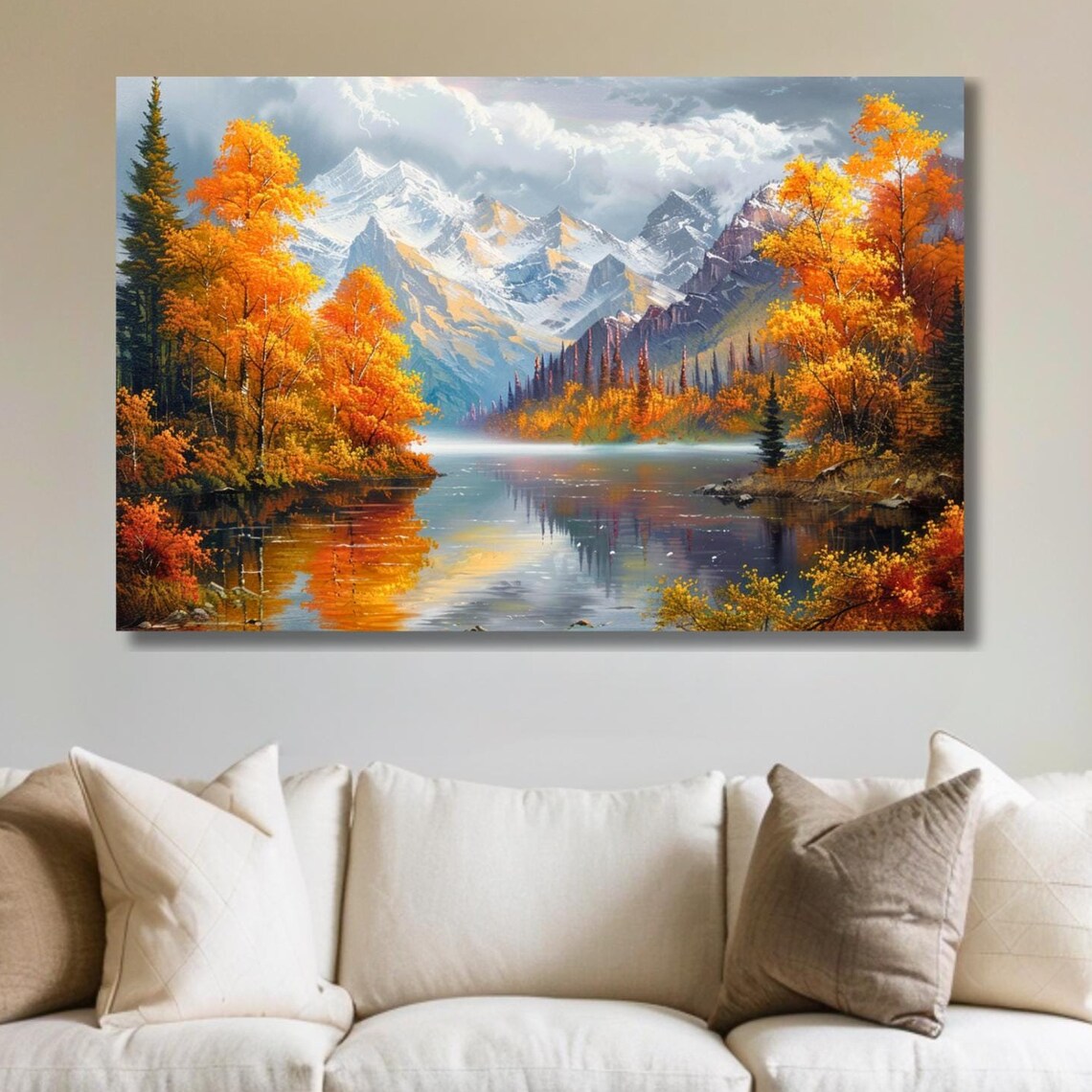 Autumn Mountain Lake Golden Trees Snowy Peaks Scenic View Poster