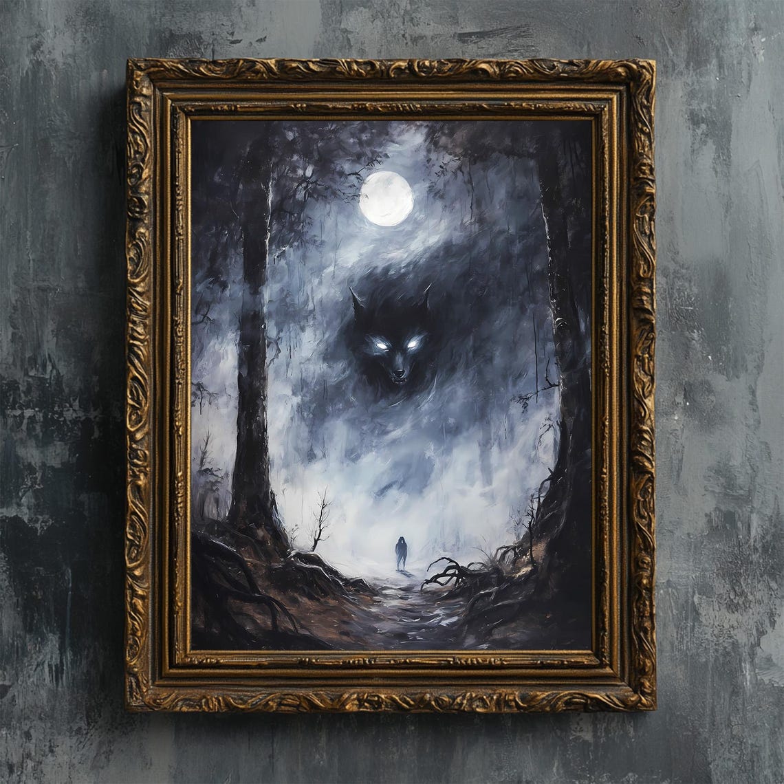 Wolf Spirit Looming Over Wanderer In Misty Moonlit Forest Print