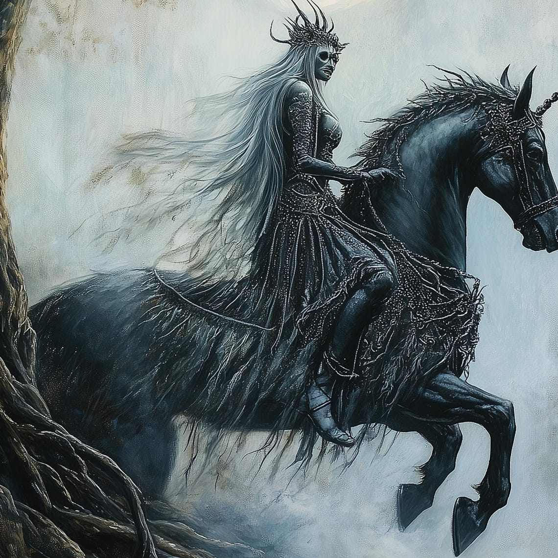 Forest Guardian Woman Riding Black Unicorn Moonlit Misty Night Print - Image 7