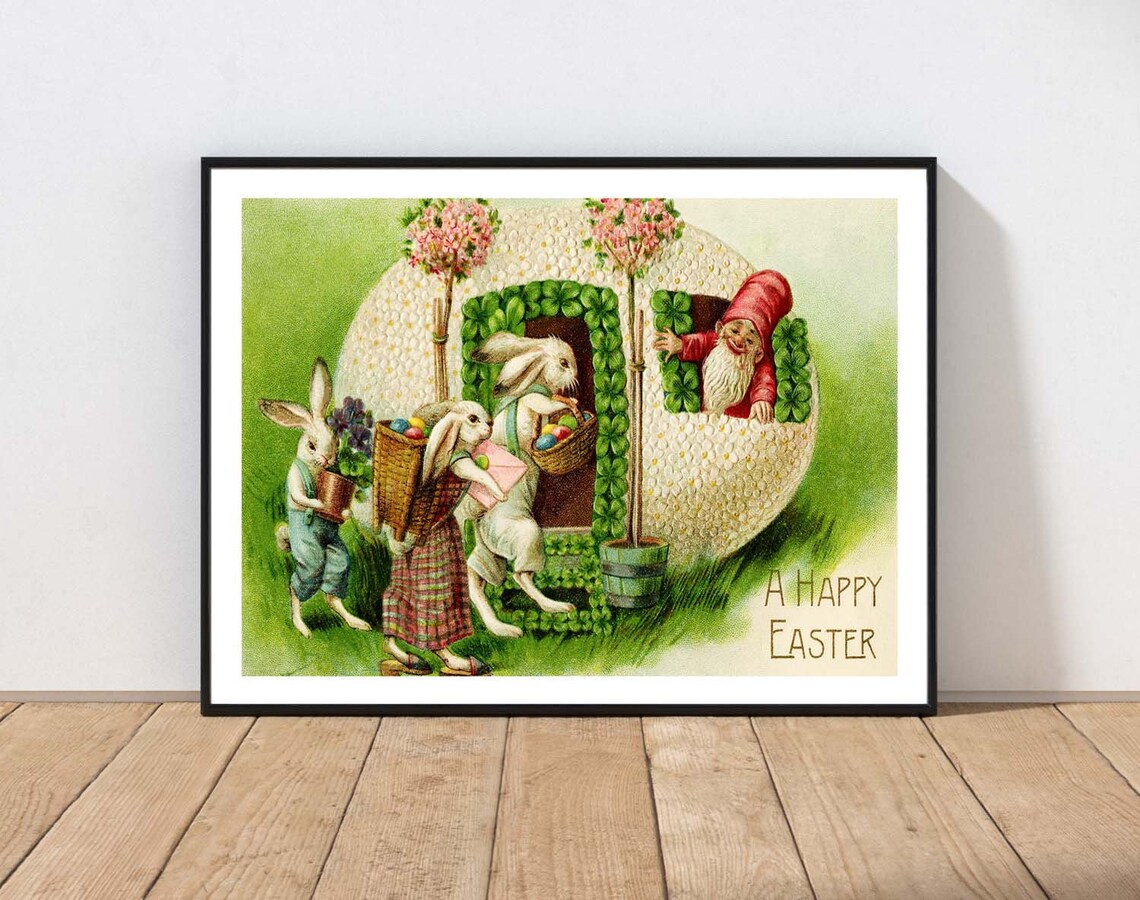 Vintage Easter Post Card Art Print, Bunny Rabbit