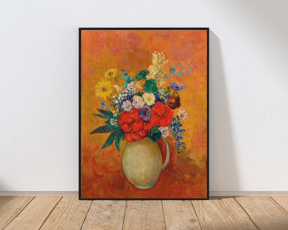 Colorful Wildflowers in Pitcher Vase Orange Floral Still Life Print