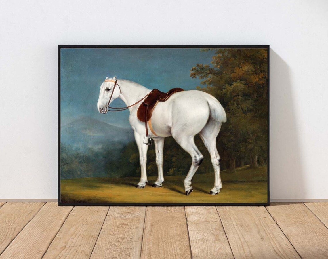 Antique White Horse Saddled Equestrian Portrait Oil Painting Print