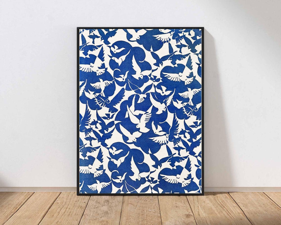 Blue and White Birds Flying Dense Pattern Bold Graphic Wall Art