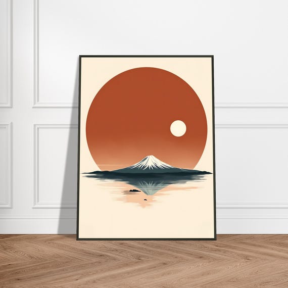 Mount Fuji Sunset Print Minimalist Japanese Landscape Wall Art Bold Sun And Snowy Peak Reflection Modern Zen Illustration