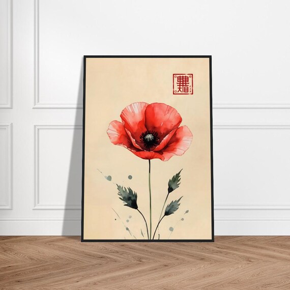 Red Poppy Single Bloom on Slender Stem Minimalist Ink Poster
