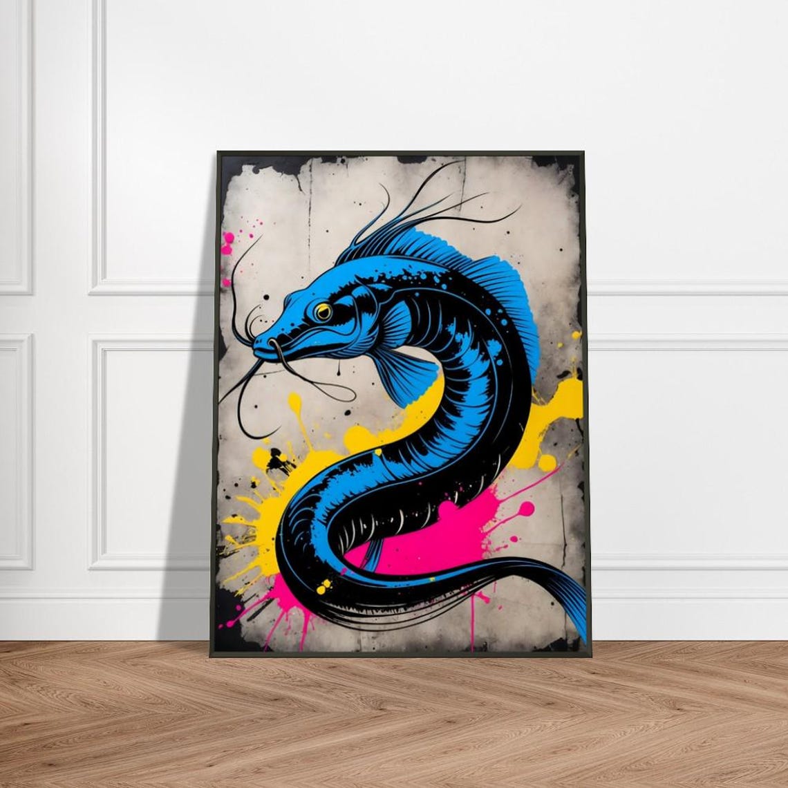 Blue Catfish Eel Graffiti With Long Whiskers And Paint Splashes Poster