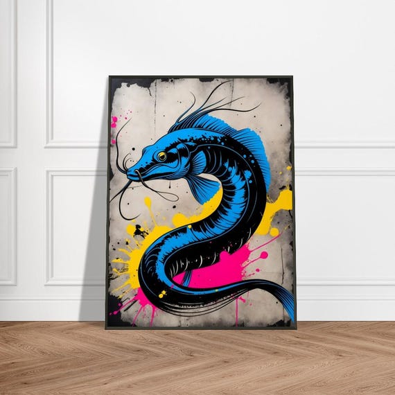 Catfish Wall Art Japaneseinspired Ink Splash Design With Vibrant Blue Yellow And Pink Accents Bold Aquaticthemed Decor