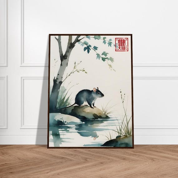 Tranquil Rat By The Water Japanese Watercolorinspired Art With Soft Brushstrokes And Natural Zen Print