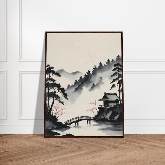 Serene Japanese River Scene With Wooden Bridge Cherry Blossoms And Traditional Temple In Misty Mountain Landscape