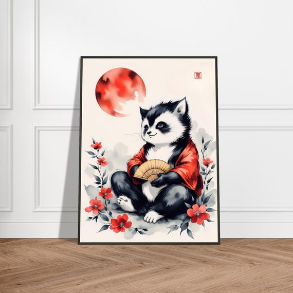 Samurai Panda Cub Art Print Japanese Watercolor Animal Illustration Red Moon Zen Wall Decor Cute Warrior Fantasy Painting